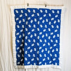 Baby Crib Blanket Patterned Fleece Counting Sheep Design White Satin Border